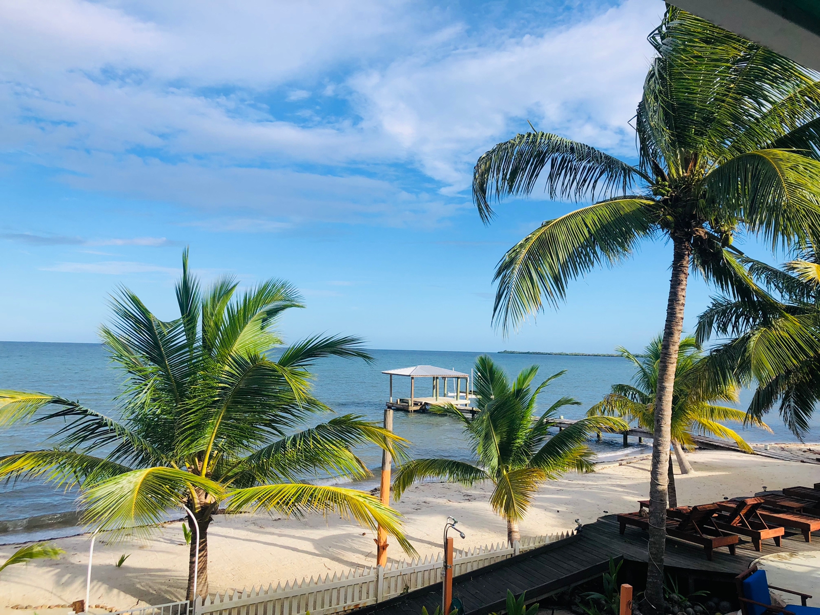 Palm-lined beach and pier at Coral Cove Inn